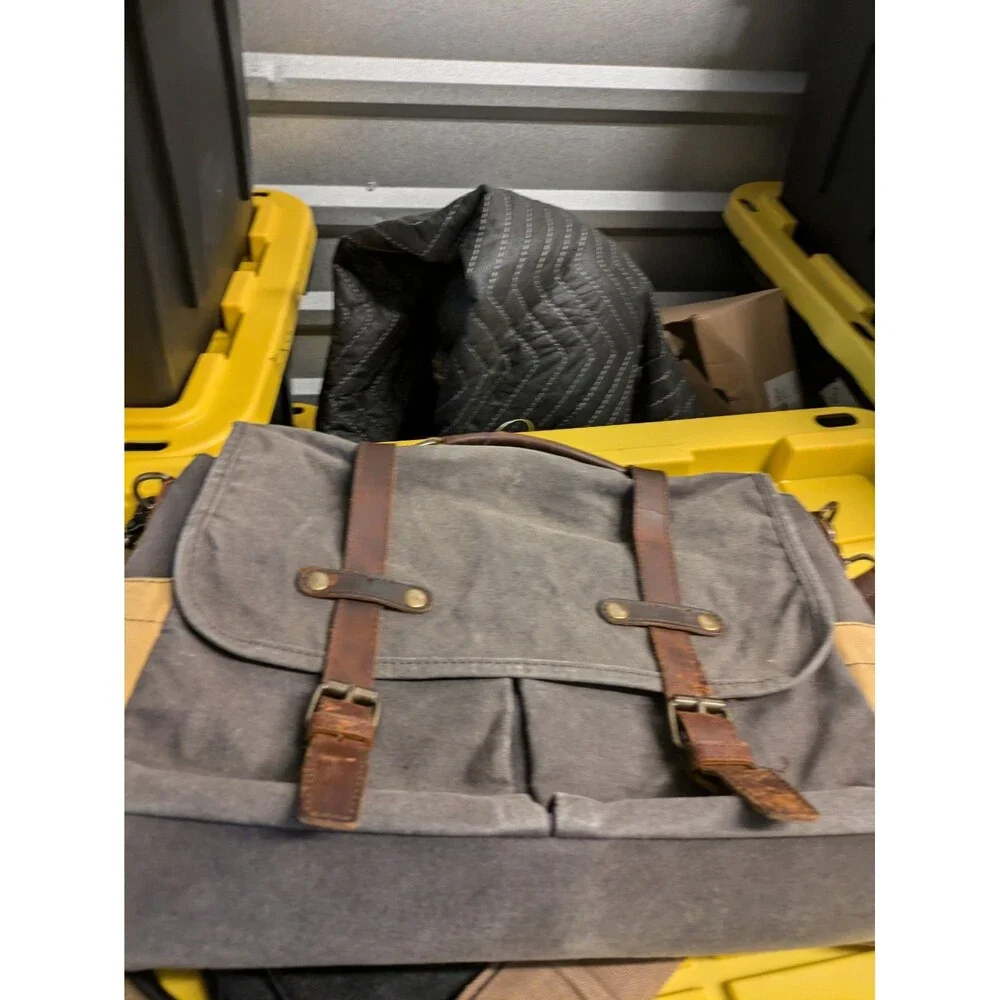 Messenger Bag Gray Canvas Brown Leather Satchel Cross Body Shoulder